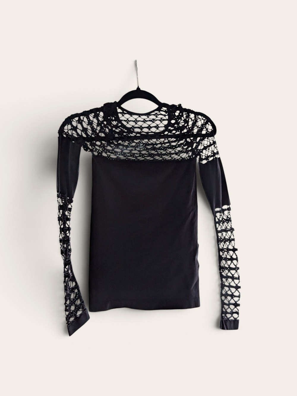 VENUS Black Open-Knit Yoke Long Sleeve Top
